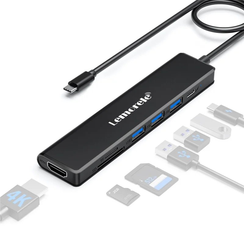 LEMORELE TC90 7 in 1 USB-C Hub PD 100W Fast Charging 4K HD 3x USB 3.0 Dock SD TF Card Reader - Black