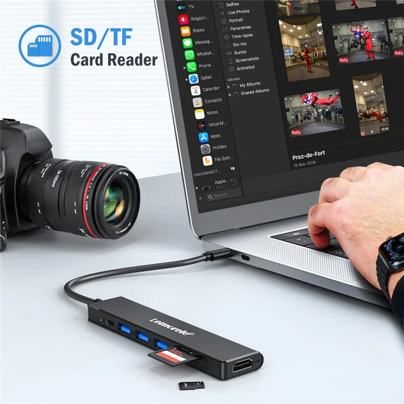 LEMORELE TC90 7 in 1 USB-C Hub PD 100W Fast Charging 4K HD 3x USB 3.0 Dock SD TF Card Reader - Black