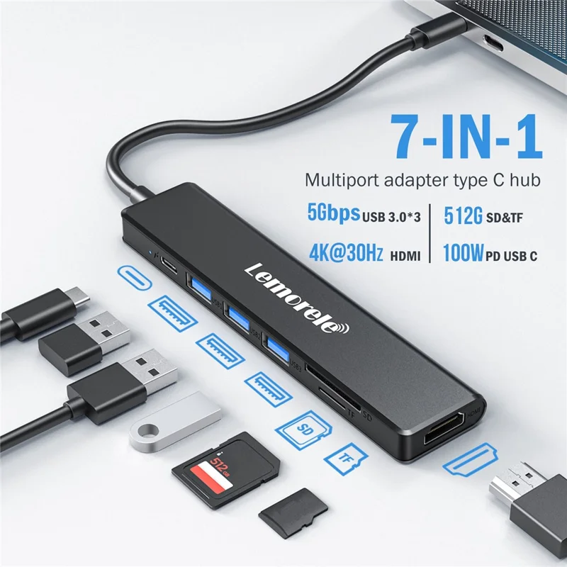LEMORELE TC90 7 in 1 USB-C Hub PD 100W Fast Charging 4K HD 3x USB 3.0 Dock SD TF Card Reader - Black
