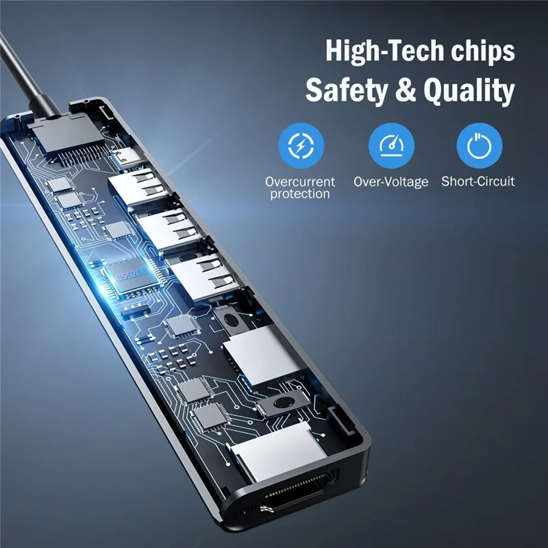 LEMORELE TC90 7 in 1 USB-C Hub PD 100W Fast Charging 4K HD 3x USB 3.0 Dock SD TF Card Reader - Black