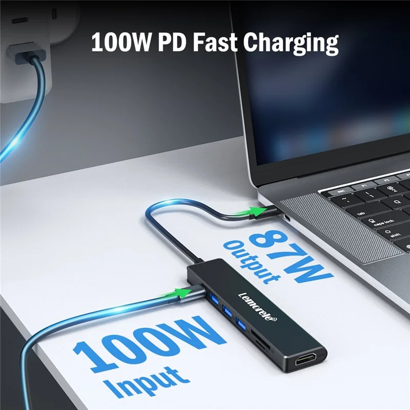 LEMORELE TC90 7 in 1 USB-C Hub PD 100W Fast Charging 4K HD 3x USB 3.0 Dock SD TF Card Reader - Black