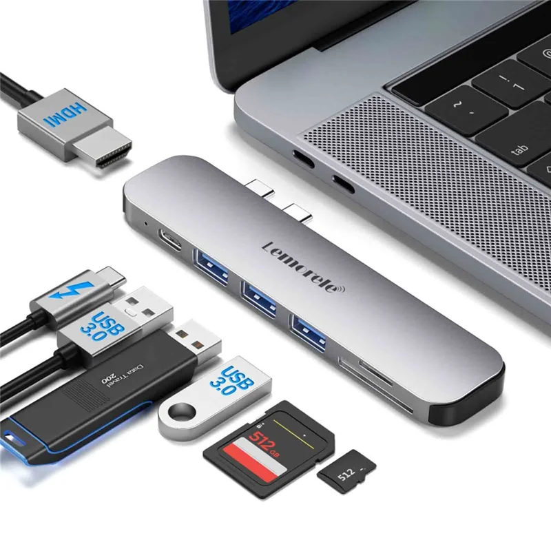 LEMORELE TC52 7 in 1 USB-C Hub PD 100W Charging 4K / 60Hz HD Docking Station for MacBook SD / TF Card Reader - Silver Grey
