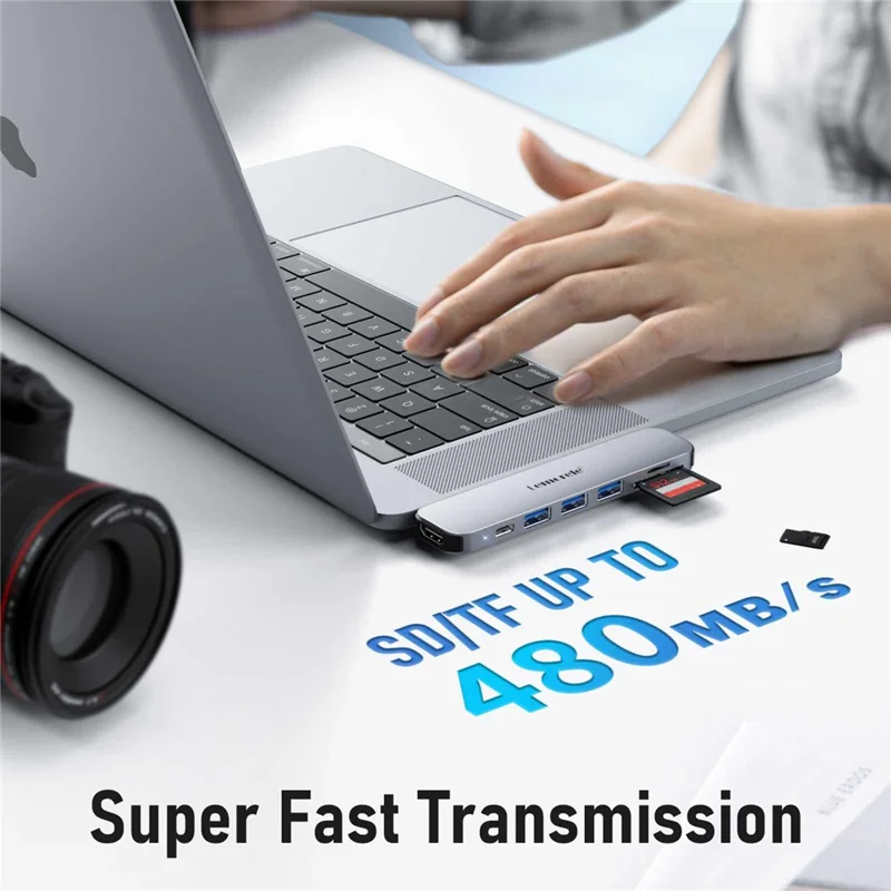 LEMORELE TC52 7 in 1 USB-C Hub PD 100W Charging 4K / 60Hz HD Docking Station for MacBook SD / TF Card Reader - Silver Grey