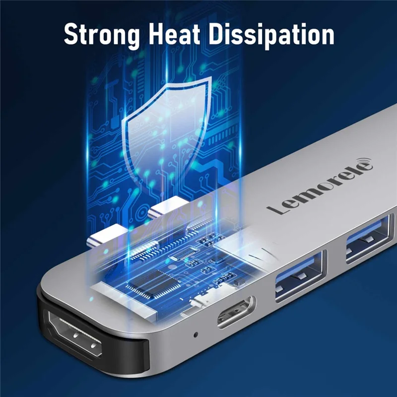 LEMORELE TC52 7 in 1 USB-C Hub PD 100W Charging 4K / 60Hz HD Docking Station for MacBook SD / TF Card Reader - Silver Grey