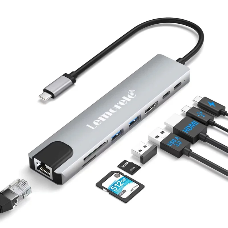 LEMORELE TC19L 8 i 1 USB-C Hub PD 65 W opladning 4K HD Gigabit Ethernet-udvidelsesdok SD/TF-kortlæser - Sølvgrå