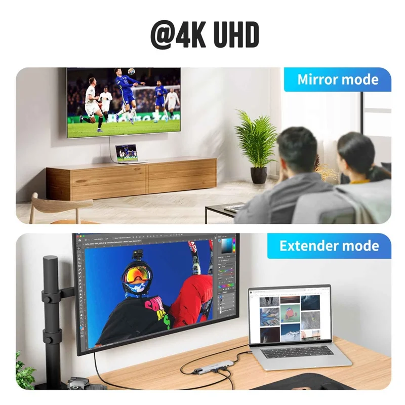 LEMORELE TC19L 8 i 1 USB-C Hub PD 65 W opladning 4K HD Gigabit Ethernet-udvidelsesdok SD/TF-kortlæser - Sølvgrå