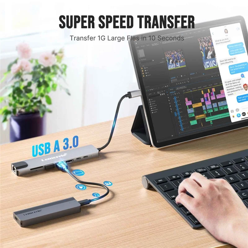 LEMORELE TC19L 8 i 1 USB-C Hub PD 65 W opladning 4K HD Gigabit Ethernet-udvidelsesdok SD/TF-kortlæser - Sølvgrå