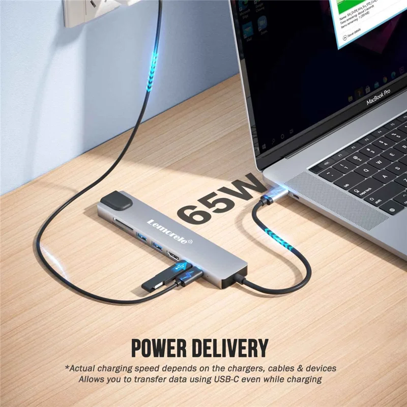 LEMORELE TC19L 8 i 1 USB-C Hub PD 65 W opladning 4K HD Gigabit Ethernet-udvidelsesdok SD/TF-kortlæser - Sølvgrå