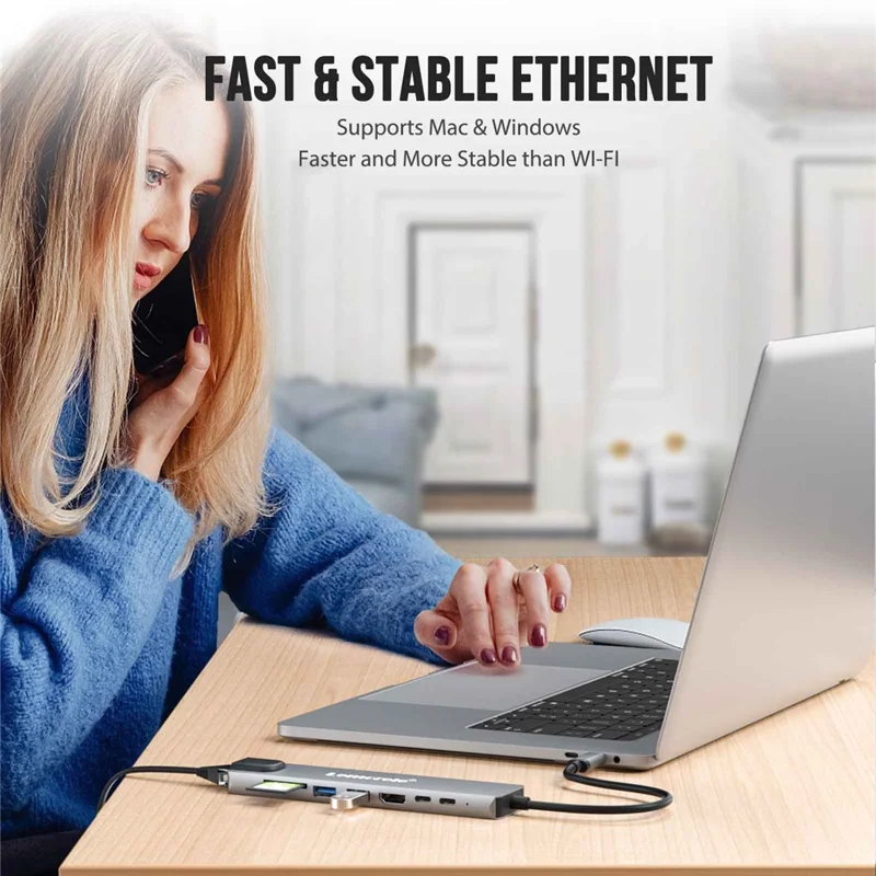 LEMORELE TC19L 8 i 1 USB-C Hub PD 65 W opladning 4K HD Gigabit Ethernet-udvidelsesdok SD/TF-kortlæser - Sølvgrå