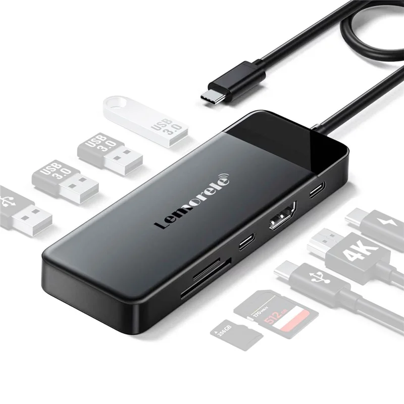 LEMORELE TC92 9 in 1 USB-C Hub PD 100W Fast Charging 4K HD USB 3.0 Docking Station SD / TF Card Reader - Black