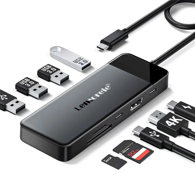 LEMORELE TC92 9 in 1 USB-C Hub PD 100W Fast Charging 4K HD USB 3.0 Docking Station SD / TF Card Reader - Black