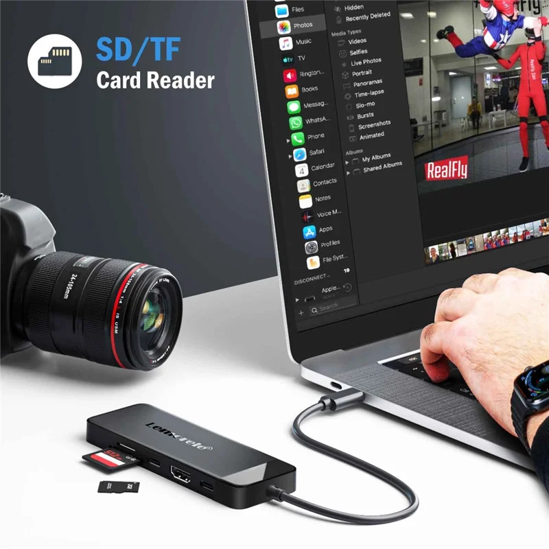 LEMORELE TC92 9 in 1 USB-C Hub PD 100W Fast Charging 4K HD USB 3.0 Docking Station SD / TF Card Reader - Black