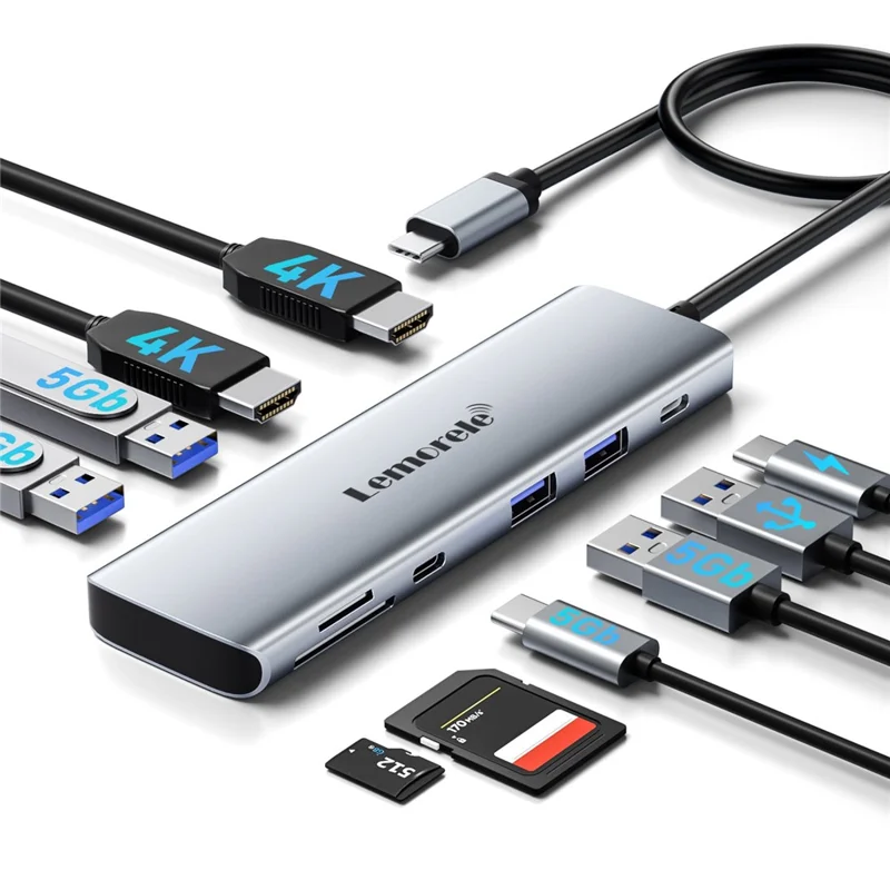 LEMORELE TC91 10 i 1 USB-C Hub, dobbelt 4K / 30 Hz HD, PD100W hurtigopladning, USB 3.0 dockingstation, SD / TF kortlæser – Sølvgrå