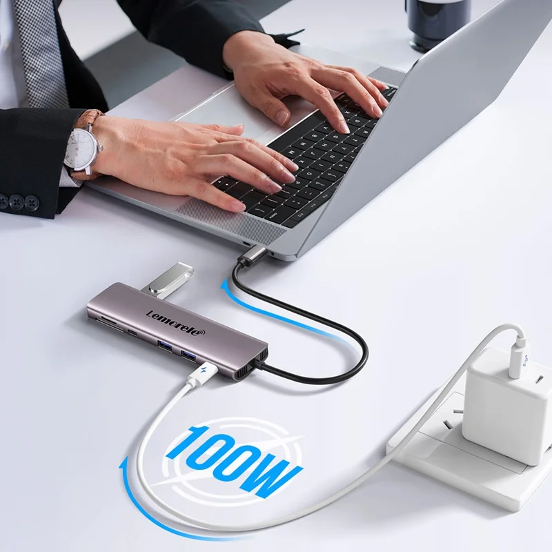 LEMORELE TC91 10 i 1 USB-C Hub, dobbelt 4K / 30 Hz HD, PD100W hurtigopladning, USB 3.0 dockingstation, SD / TF kortlæser – Sølvgrå