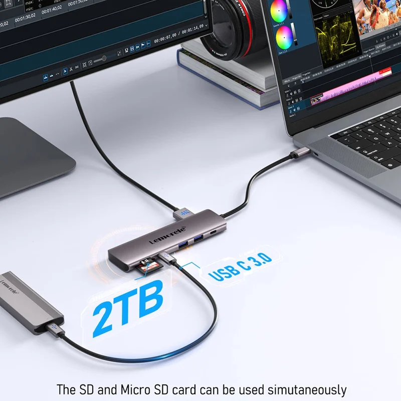 LEMORELE TC91 10 i 1 USB-C Hub, dobbelt 4K / 30 Hz HD, PD100W hurtigopladning, USB 3.0 dockingstation, SD / TF kortlæser – Sølvgrå