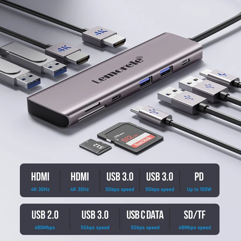 LEMORELE TC91 10 i 1 USB-C Hub, dobbelt 4K / 30 Hz HD, PD100W hurtigopladning, USB 3.0 dockingstation, SD / TF kortlæser – Sølvgrå