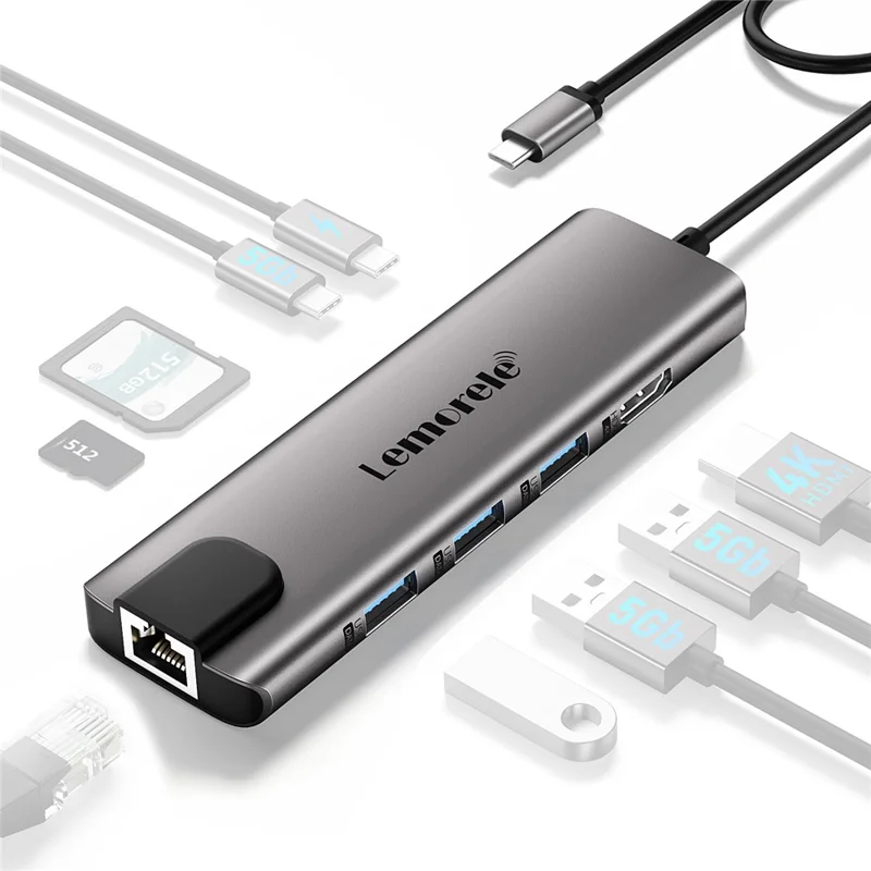 LEMORELE TC39 9 in 1 USB-C Hub Docking Station, RJ-45 Ethernet + 4K HD + Dual USB-C + SD + TF + 3 USB 3.0 + Type-C PD - Silver Grey