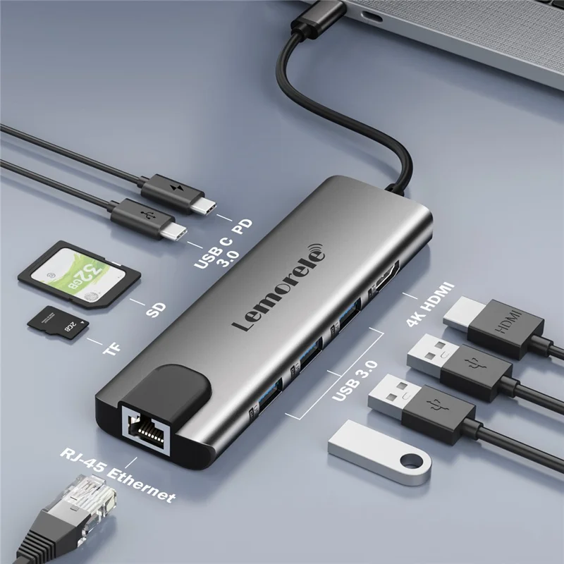 LEMORELE TC39 9 in 1 USB-C Hub Docking Station, RJ-45 Ethernet + 4K HD + Dual USB-C + SD + TF + 3 USB 3.0 + Type-C PD - Silver Grey