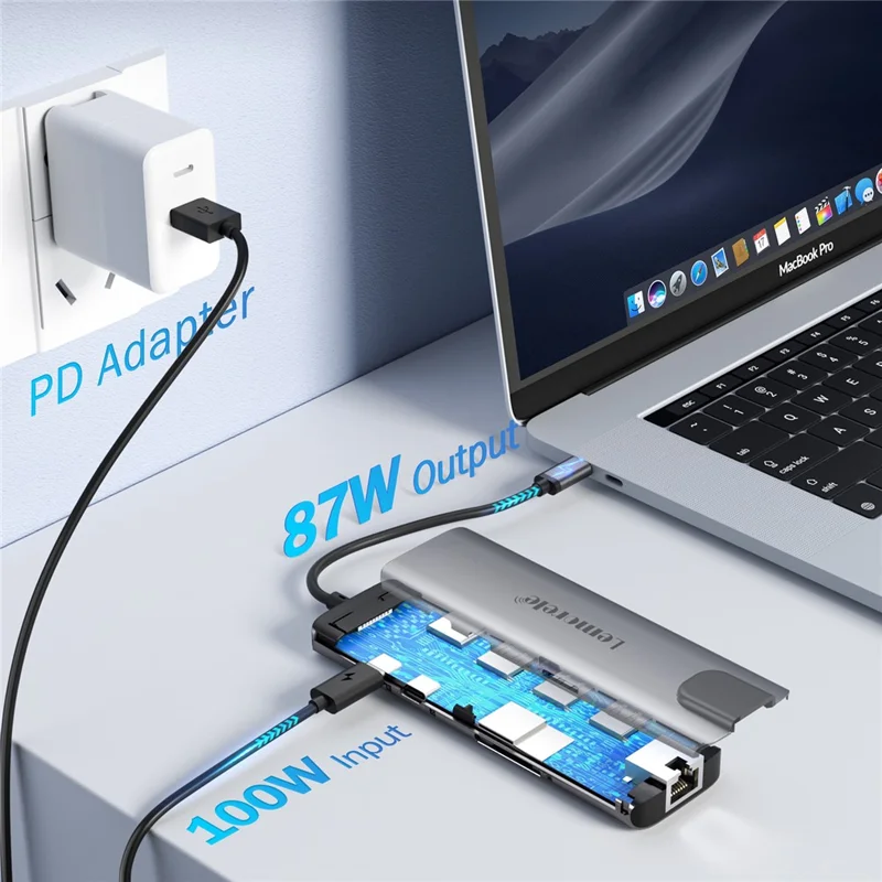 LEMORELE TC39 9 in 1 USB-C Hub Docking Station, RJ-45 Ethernet + 4K HD + Dual USB-C + SD + TF + 3 USB 3.0 + Type-C PD - Silver Grey