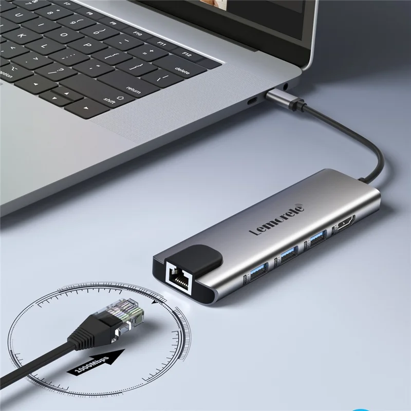 LEMORELE TC39 9 in 1 USB-C Hub Docking Station, RJ-45 Ethernet + 4K HD + Dual USB-C + SD + TF + 3 USB 3.0 + Type-C PD - Silver Grey