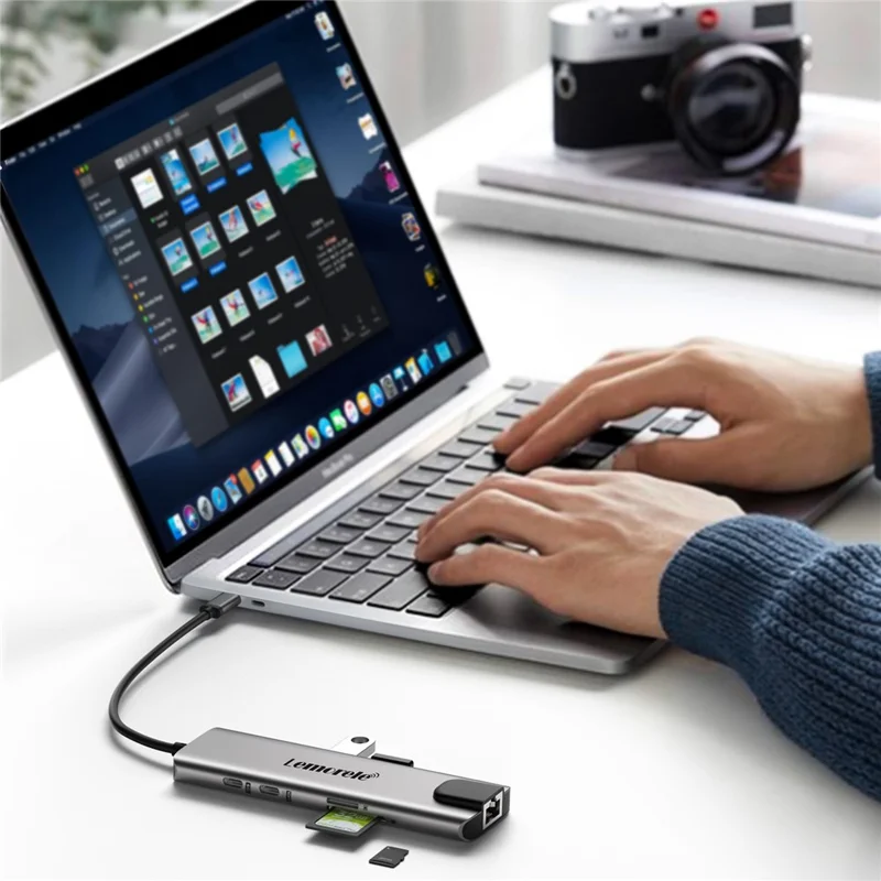 LEMORELE TC39 9 in 1 USB-C Hub Docking Station, RJ-45 Ethernet + 4K HD + Dual USB-C + SD + TF + 3 USB 3.0 + Type-C PD - Silver Grey