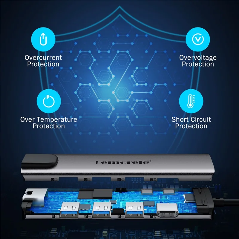 LEMORELE TC39 9 in 1 USB-C Hub Docking Station, RJ-45 Ethernet + 4K HD + Dual USB-C + SD + TF + 3 USB 3.0 + Type-C PD - Silver Grey