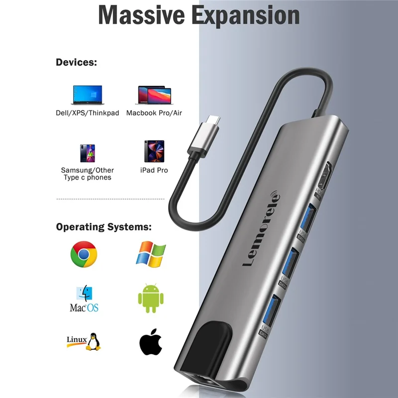 LEMORELE TC39 9 in 1 USB-C Hub Docking Station, RJ-45 Ethernet + 4K HD + Dual USB-C + SD + TF + 3 USB 3.0 + Type-C PD - Silver Grey