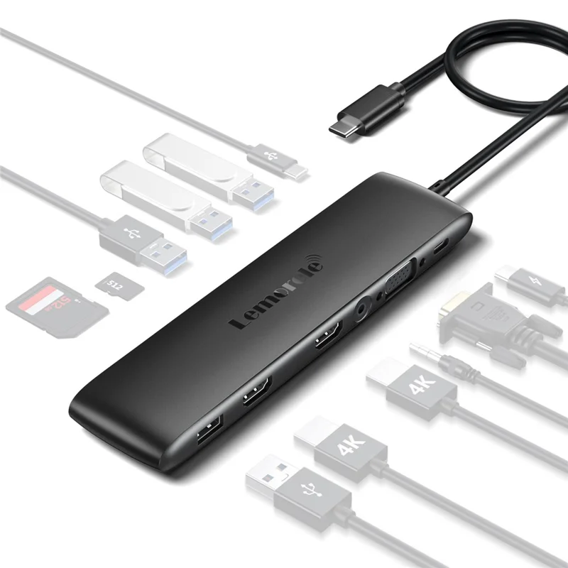 LEMORELE TC97 12 in 1 USB C Hub Dual HD + VGA 10Gbps High Speed USB Card Reader Laptop Docking Station - Silver Grey