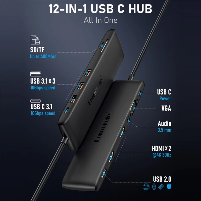 LEMORELE TC97 12 in 1 USB C Hub Dual HD + VGA 10Gbps High Speed USB Card Reader Laptop Docking Station - Silver Grey
