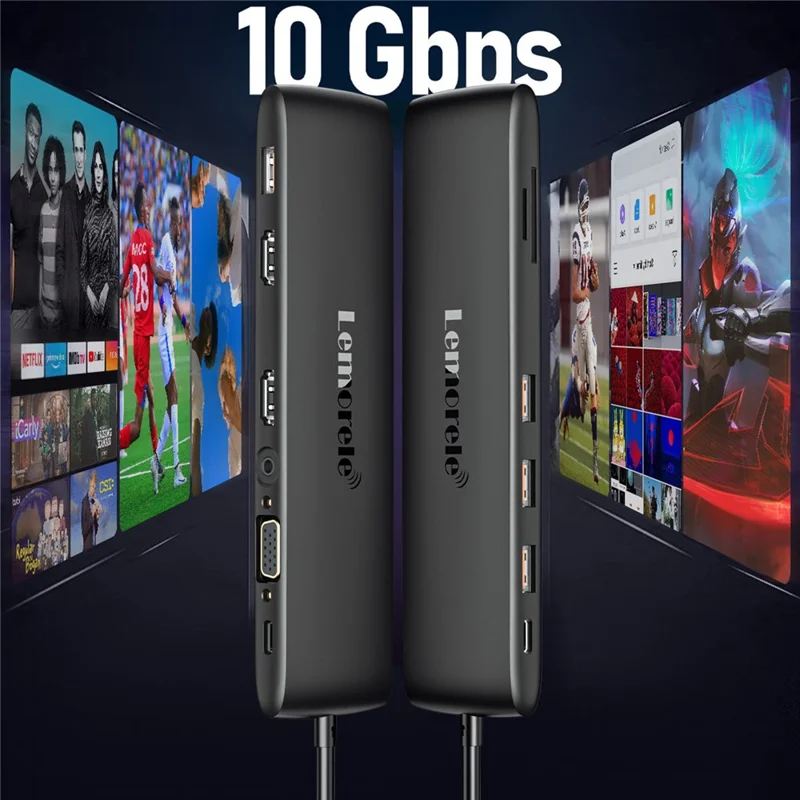 LEMORELE TC97 12 in 1 USB C Hub Dual HD + VGA 10Gbps High Speed USB Card Reader Laptop Docking Station - Silver Grey