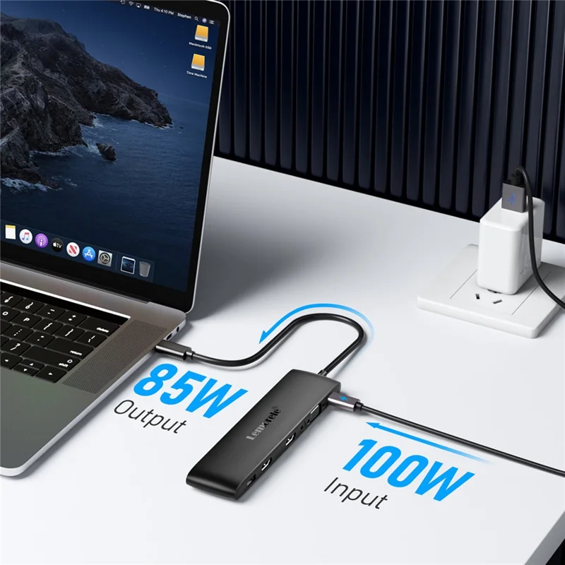 LEMORELE TC97 12 in 1 USB C Hub Dual HD + VGA 10Gbps High Speed USB Card Reader Laptop Docking Station - Silver Grey
