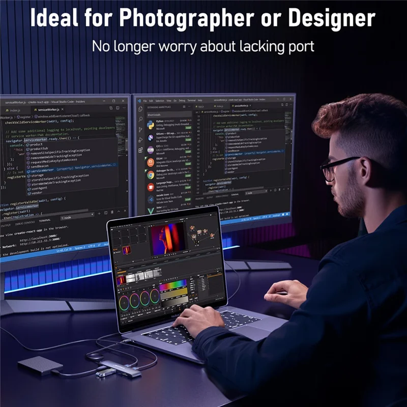 LEMORELE TC97 12 in 1 USB C Hub Dual HD + VGA 10Gbps High Speed USB Card Reader Laptop Docking Station - Silver Grey