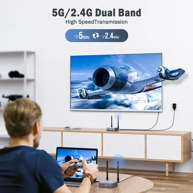 LEMORELE R15 Wireless HD Transmitter  /  Receiver Kit 5G / 2.4G Dual Band 4K Zero Delay Screen Mirroring HD Adapter for Gaming Meeting - Grey  /  Silver