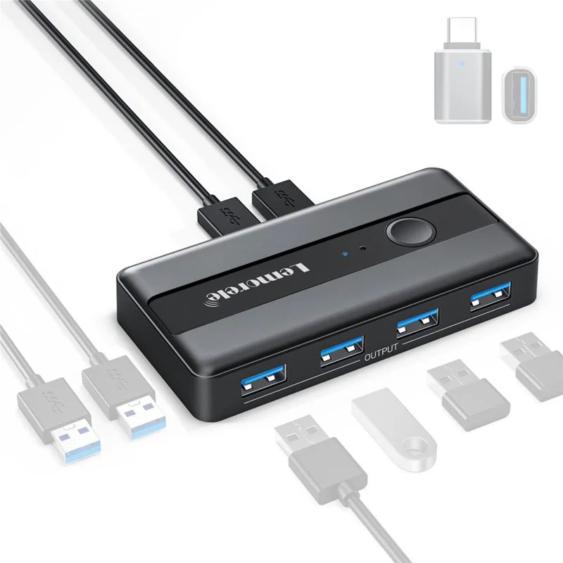 LEMORELE H5 USB 3.0 Switch Hub 5Gbps 2 Input 4 Output Dual-Host Sharing Switcher for Office - Black