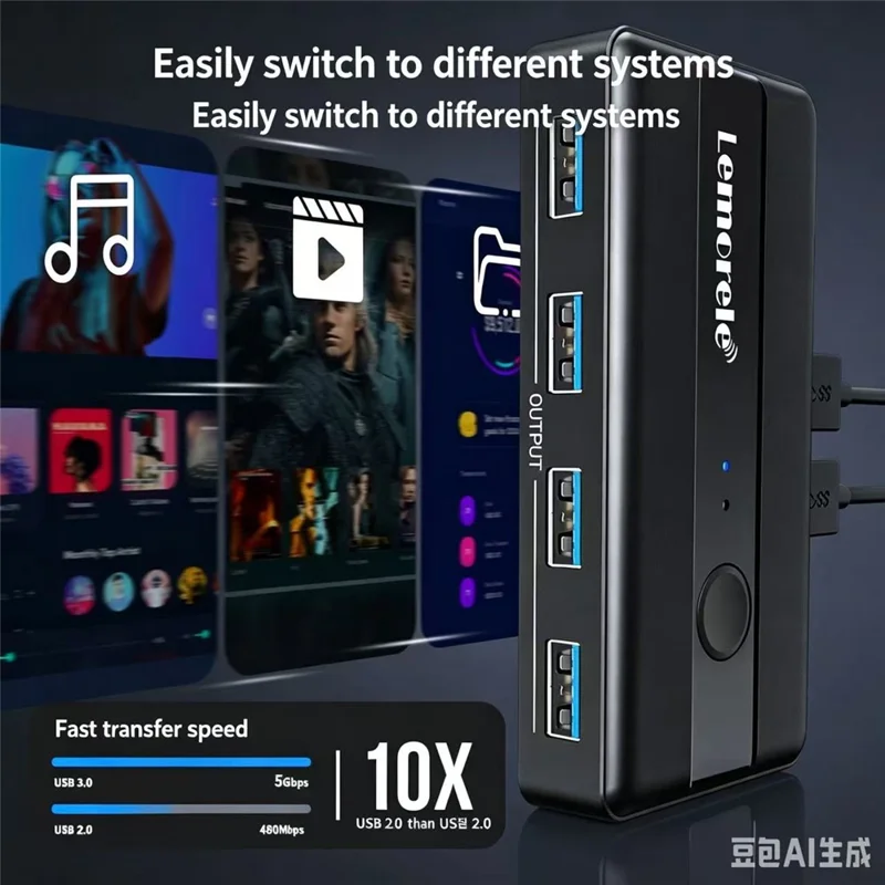 LEMORELE H5 USB 3.0 Switch Hub 5Gbps 2 Input 4 Output Dual-Host Sharing Switcher for Office - Black