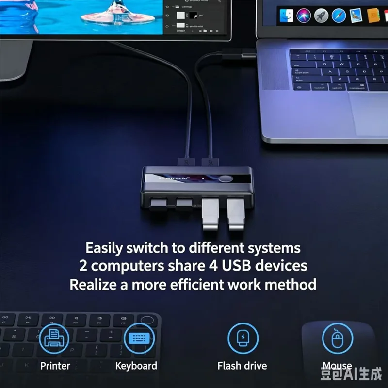 LEMORELE H5 USB 3.0 Switch Hub 5Gbps 2 Input 4 Output Dual-Host Sharing Switcher for Office - Black