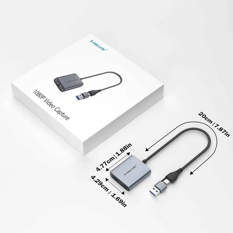 LEMORELE AC07 HD Video Capture Card USB-A  /  C to Dual Interface HD Loop-Out 1080P Game Streaming Recording Adapter - Grey  /  Silver