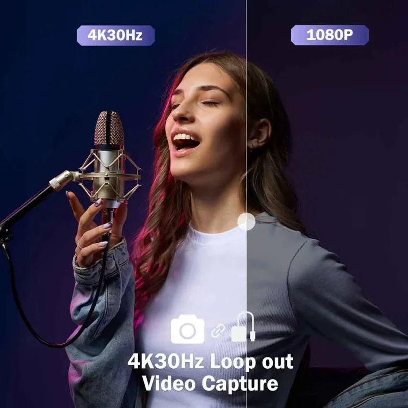 LEMORELE AC06 HD-videooptagelseskort 4K 30 Hz HDMI-loopudgang til gaming, streaming og optagelse til kamera og konference – Grå / Sølv