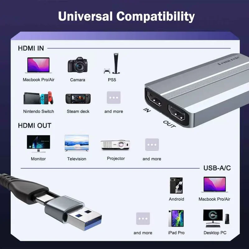 LEMORELE AC06 HD-videooptagelseskort 4K 30 Hz HDMI-loopudgang til gaming, streaming og optagelse til kamera og konference – Grå / Sølv