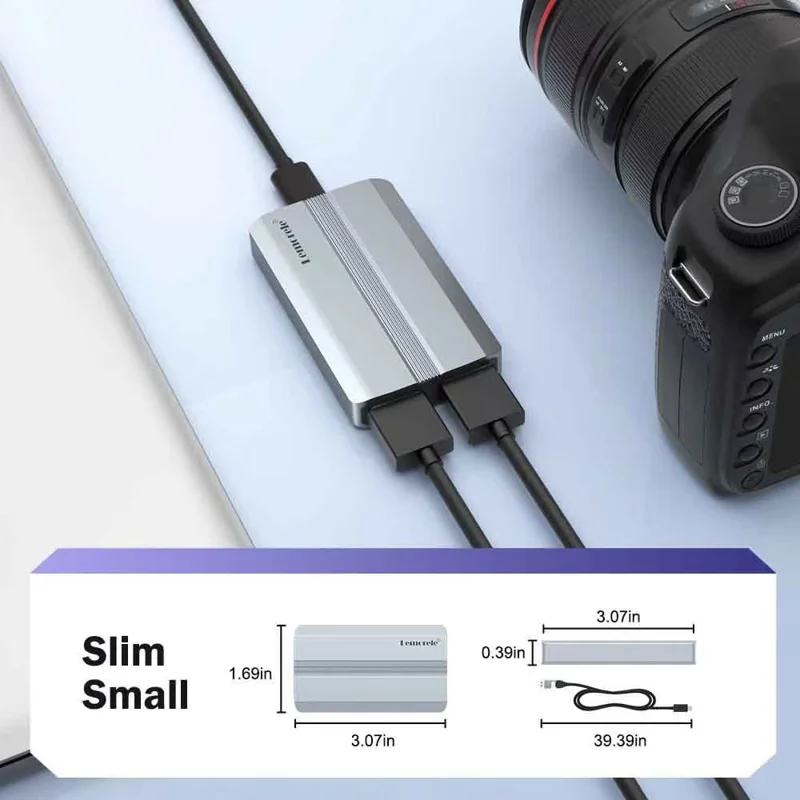 LEMORELE AC06 HD-videooptagelseskort 4K 30 Hz HDMI-loopudgang til gaming, streaming og optagelse til kamera og konference – Grå / Sølv