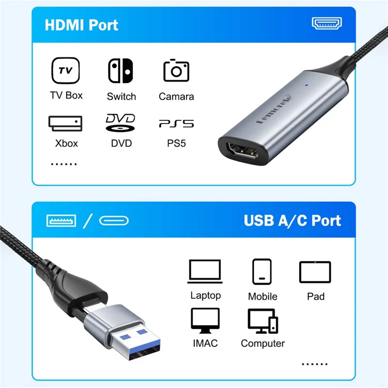 LEMORELE AC05 HDMI Video Capture Card USB-A Type-C Dual Interface Capture Card Recorder Adapter for Game Streaming Recording - Grey  /  Silver