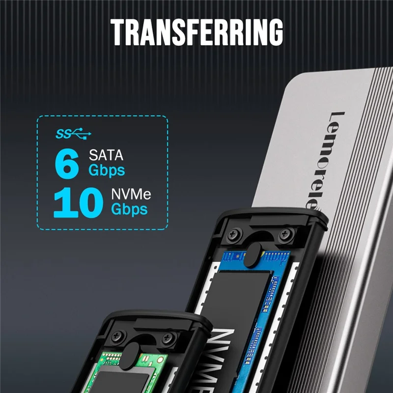 LEMORELE SD2L M.2 NVMe SATA SSD Enclosure 10Gbps USB3.2 Gen2 Tool-Free Aluminum Alloy Hard Drive Case - Black