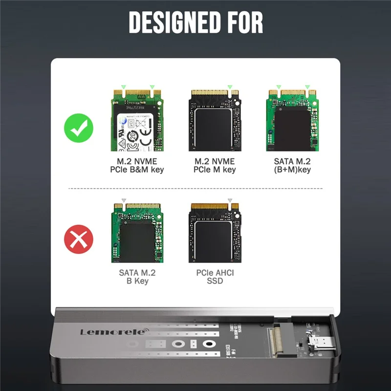 LEMORELE SD2L M.2 NVMe SATA SSD Enclosure 10Gbps USB3.2 Gen2 Tool-Free Aluminum Alloy Hard Drive Case - Black