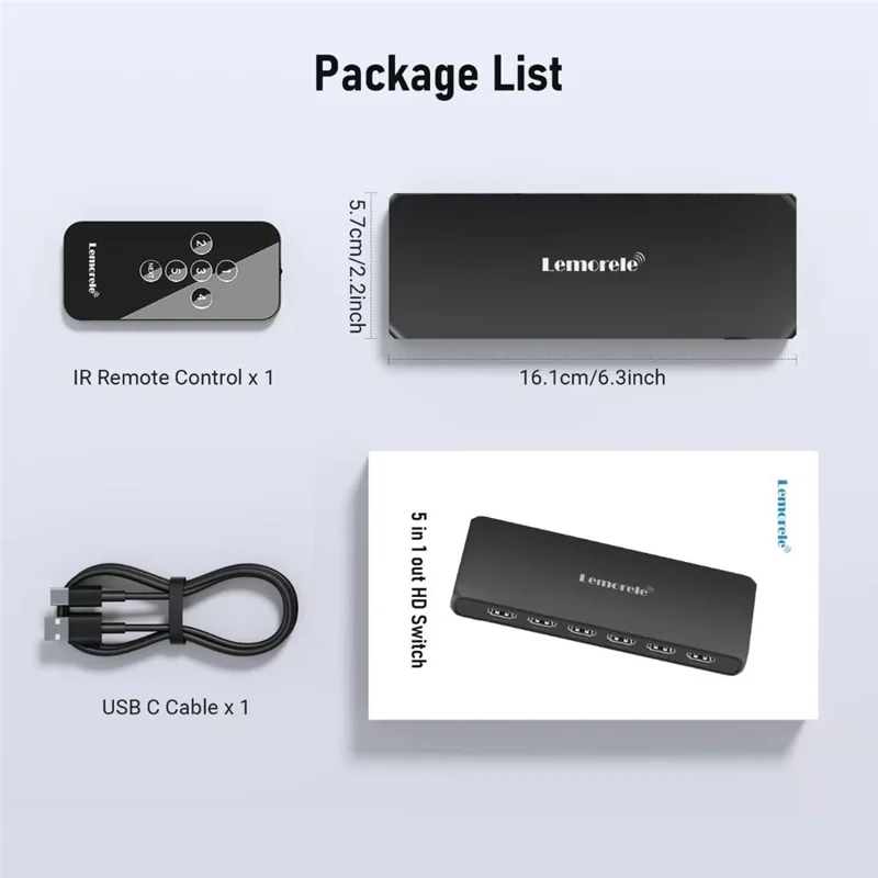LEMORELE G96 Interruptor HD de 5 Entradas e 1 Saída com Controlo Remoto 4K 30Hz para Múltiplos Dispositivos para Jogos na TV - Preto