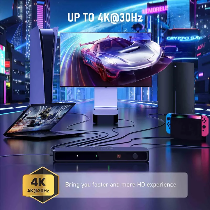 LEMORELE G96 Interruptor HD de 5 Entradas e 1 Saída com Controlo Remoto 4K 30Hz para Múltiplos Dispositivos para Jogos na TV - Preto