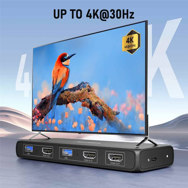 LEMORELE G98 Dual Port HD KVM Switch 2 Input 1 Output USB 3.0 Hub 4K@30Hz Desktop Switcher for PC Laptop - Preto