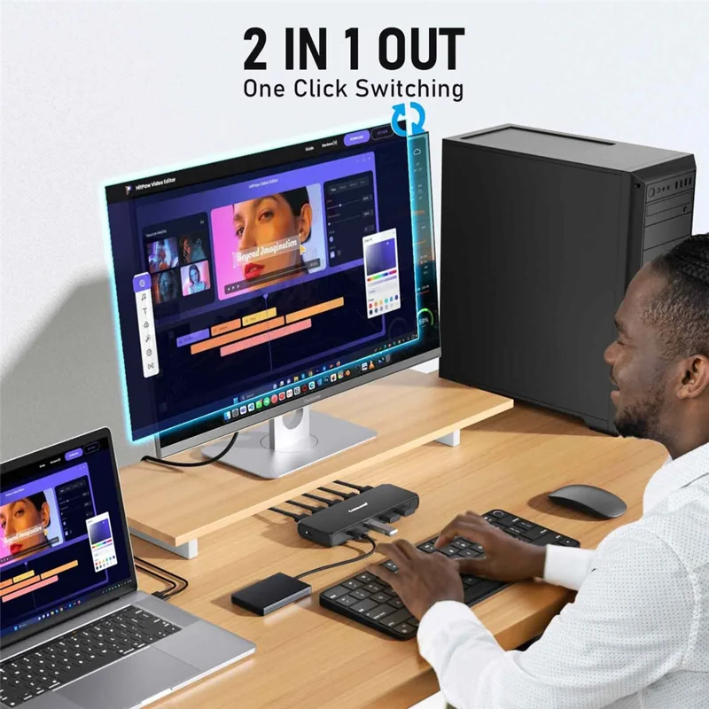 LEMORELE G98 Dual Port HD KVM Switch 2 Input 1 Output USB 3.0 Hub 4K@30Hz Desktop Switcher for PC Laptop - Preto