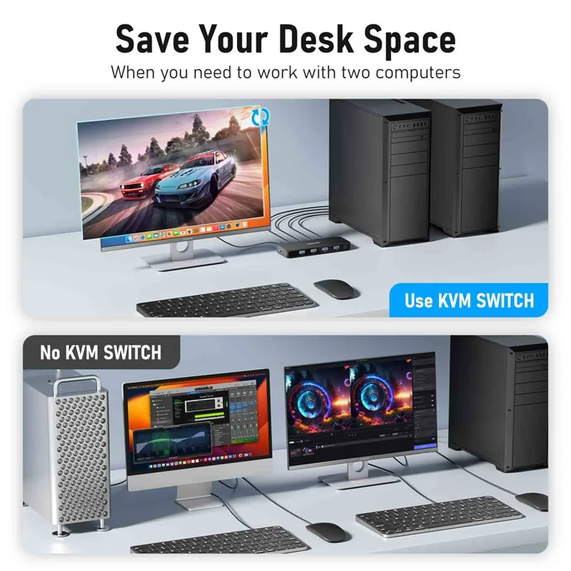 LEMORELE G98 Dual Port HD KVM Switch 2 Input 1 Output USB 3.0 Hub 4K@30Hz Desktop Switcher for PC Laptop - Preto