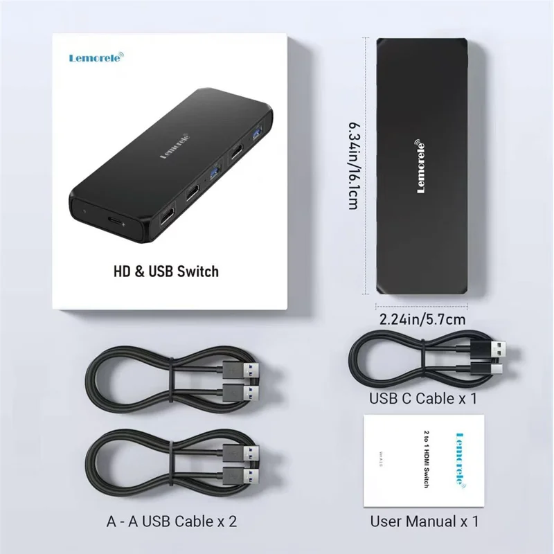 LEMORELE G98 Dual Port HD KVM Switch 2 Input 1 Output USB 3.0 Hub 4K@30Hz Desktop Switcher for PC Laptop - Preto