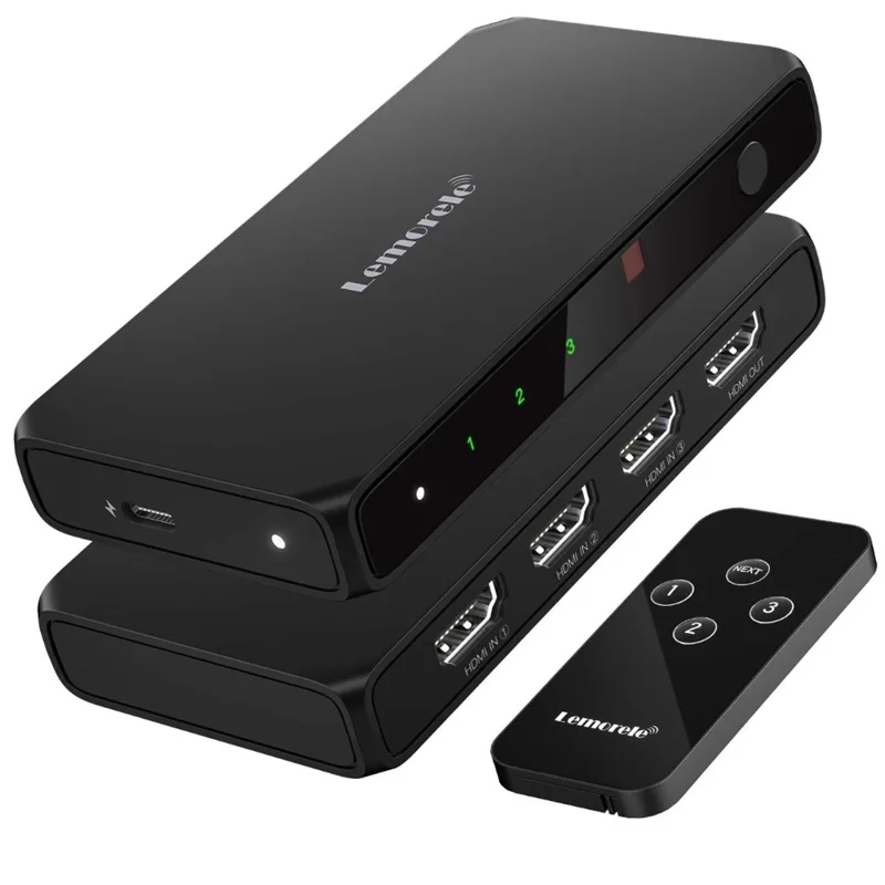 LEMORELE G99 3 Entradas 1 Saída HD Switch com Controlo Remoto 4K@30Hz Filtra Automaticamente Canais Comutador Partilhado para Consola de Jogos PC TV - Preto